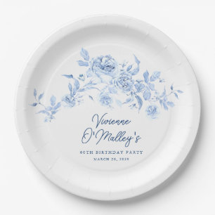 60e Verjaardag Party Blauw Roos Bloemen Custom Papieren Bordje