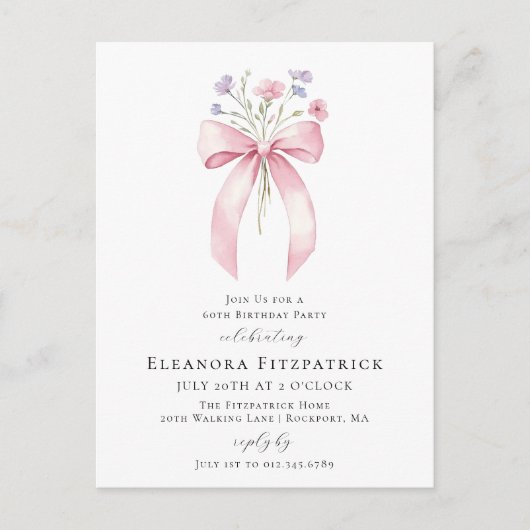 60e Verjaardag Party Blush Pink Bow Wildflower Uitnodiging Briefkaart (Voorkant)