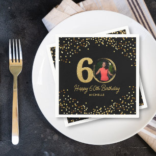 60e Verjaardag Party Foto Chic Zwart Goud Glitter Servet