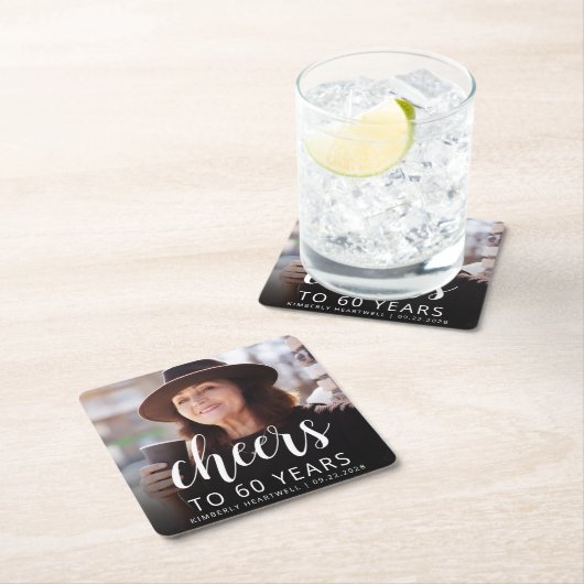 60e verjaardag Party Foto juicht wit script Kartonnen Onderzetters (Insitu)