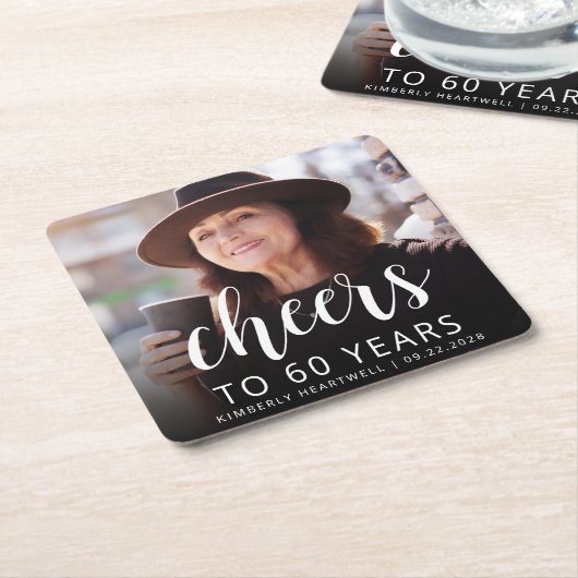 60e verjaardag Party Foto juicht wit script Kartonnen Onderzetters (Schuin)