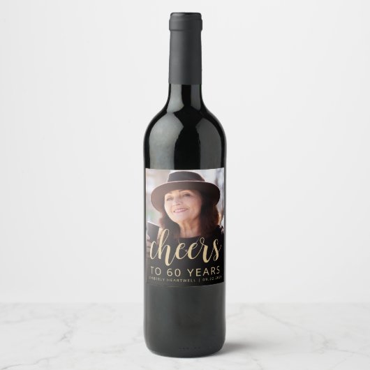 60e verjaardag Party Foto Proost Wijn Etiket (Voorkant)