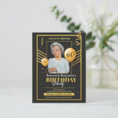 60e verjaardag Party foto zwart goud uitnodiging (Staand voorkant)