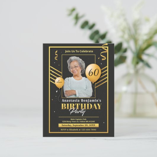 60e verjaardag Party foto zwart goud uitnodiging (Staand voorkant)