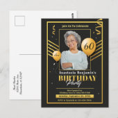 60e verjaardag Party foto zwart goud uitnodiging (Voorkant / Achterkant)