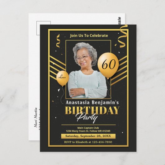 60e verjaardag Party foto zwart goud uitnodiging (Voorkant / Achterkant)