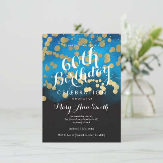 60e Verjaardag Party Gold Glitter Blue Waterverf Kaart (Staand voorkant)
