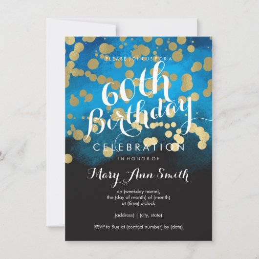 60e Verjaardag Party Gold Glitter Blue Waterverf Kaart (Voorkant)