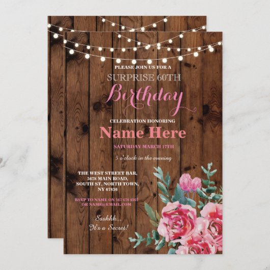 60e Verjaardag Party Hout Bloem Bloemen Roze Uitno Kaart (Voorkant / Achterkant)