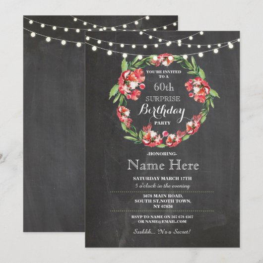 60e Verjaardag Party Krijt Krans Bloemen Uitnodige Kaart (Voorkant / Achterkant)