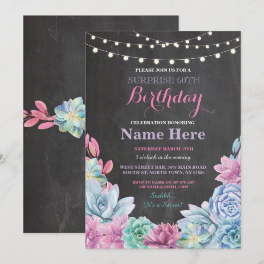 60e Verjaardag Party Krijtbord Bloemen Roze Uitnod Kaart (Voorkant / Achterkant)