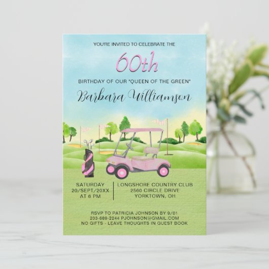 60e verjaardag Party Lady Golfer thema uitnodiging (Staand voorkant)