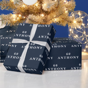 60e verjaardag Party Naam Marine Blauw Modern Patr Cadeaupapier