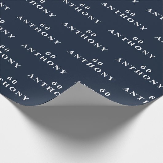 60e verjaardag Party Naam Marine Blauw Modern Patr Cadeaupapier (Hoek)
