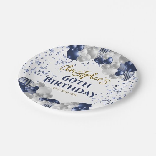 60e verjaardag Party Navy Ballonnen Papieren Bordje (Gekanteld)
