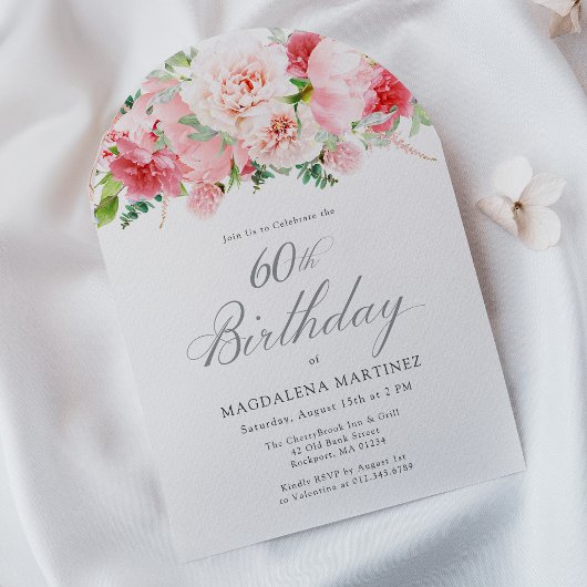 60e Verjaardag Party Pink Peony Bloemenboog Kaart