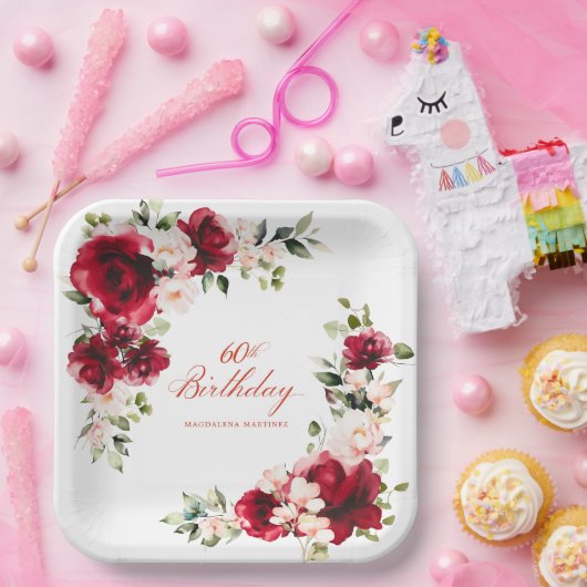 60e Verjaardag Party Rood Roze Bloemen Custom Papieren Bordje (Feest)