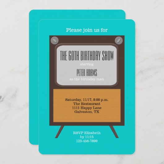 60e verjaardag Party Uitnodiging TV op blauw (Voorkant / Achterkant)