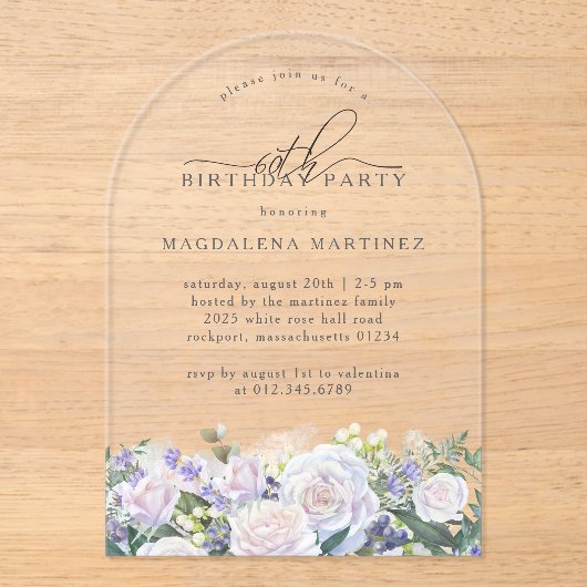 60e Verjaardag Party Witte Roos Blauwe Bloemenboog Acryl Uitnodigingen (Voorkant)