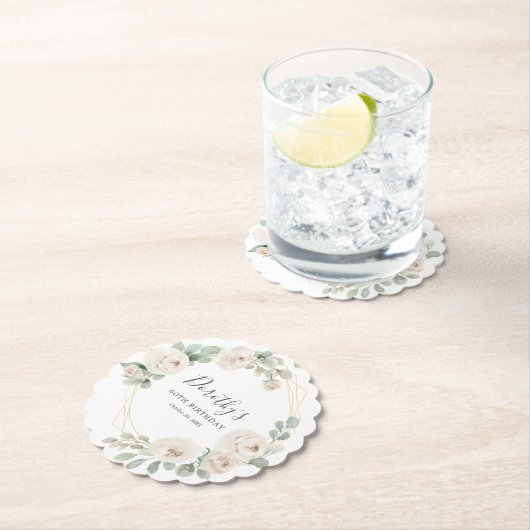 60e Verjaardag Party Witte Roos Bloemen Custom Kartonnen Onderzetters (Insitu)