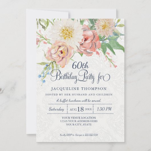 60e verjaardag pasta Blush in witte gekleurde flor Kaart (Voorkant)