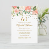 60e verjaardag Peach Gold Floral Invitation Kaart (Staand voorkant)
