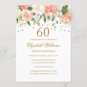 60e verjaardag Peach Gold Floral Invitation Kaart