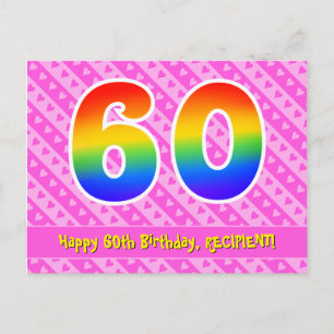 60e verjaardag: Pink Stripes & Hearts, Rainbow 60 Briefkaart
