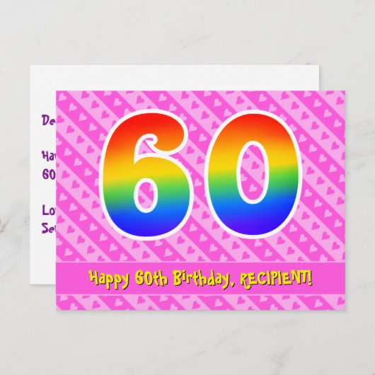 60e verjaardag: Pink Stripes & Hearts, Rainbow 60 Briefkaart (Voorkant / Achterkant)
