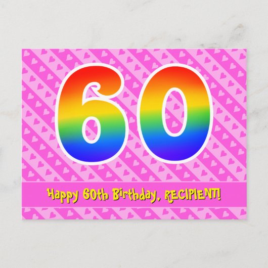 60e verjaardag: Pink Stripes & Hearts, Rainbow 60 Briefkaart (Voorkant)