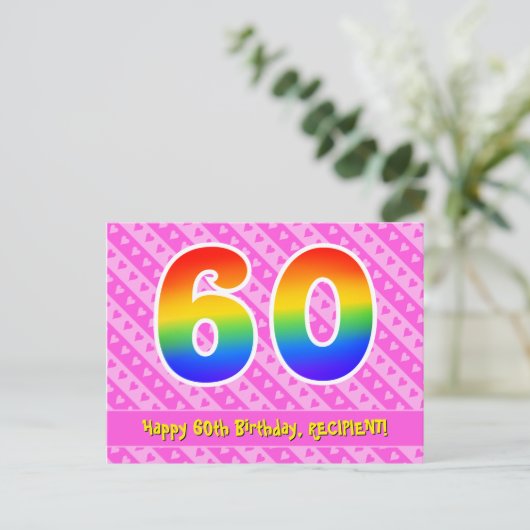 60e verjaardag: Pink Stripes & Hearts, Rainbow 60 Briefkaart (Staand voorkant)