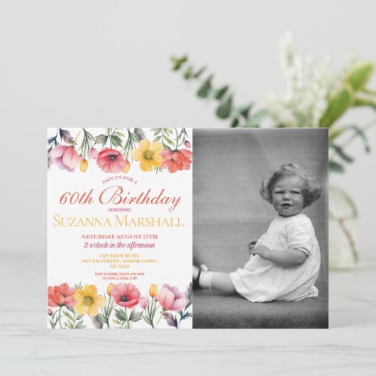 60e verjaardag Poppy Spring Bloemen Foto Kaart (Staand voorkant)