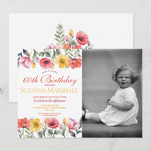60e verjaardag Poppy Spring Bloemen Foto Kaart (Voorkant / Achterkant)