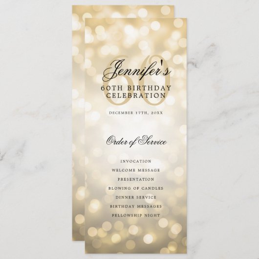 60e Verjaardag Programma Gold Bokeh Menu+Dank U (Voorkant / Achterkant)