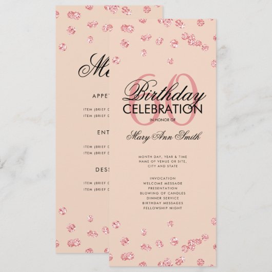 60e verjaardag Programma Roos Gold Glitter Menu Bl (Voorkant / Achterkant)