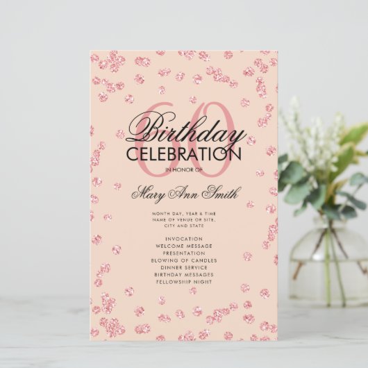 60e verjaardag Programma Roos Gold Glitter Menu Bl (Staand voorkant)