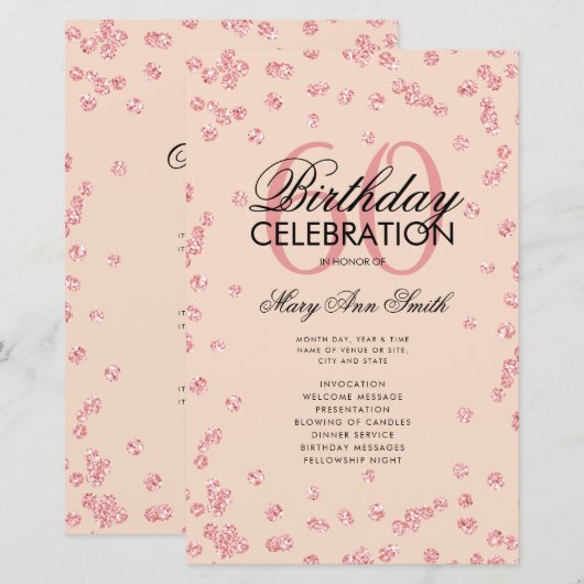 60e verjaardag Programma Roos Gold Glitter Menu Bl (Voorkant / Achterkant)