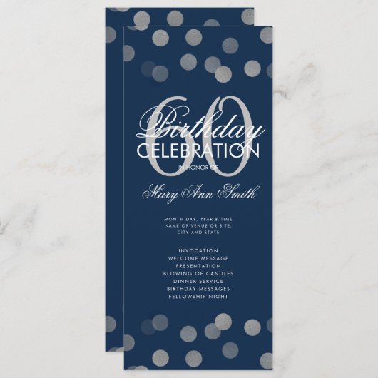 60e verjaardag Programma Silver Confetti Menu Navy (Voorkant / Achterkant)