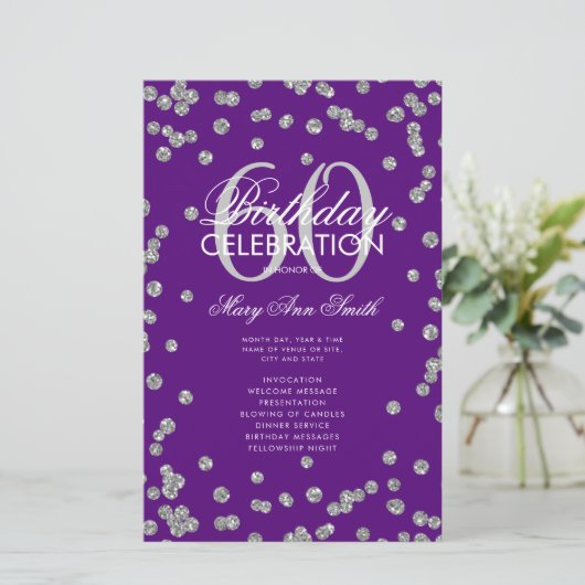 60e verjaardag Programma Silver Glitter Menu Paars (Staand voorkant)