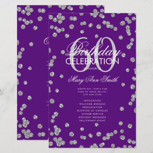 60e verjaardag Programma Silver Glitter Menu Paars (Voorkant / Achterkant)