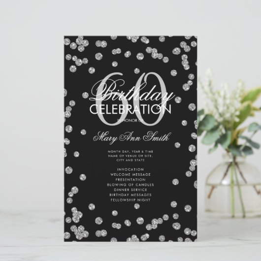 60e verjaardag Programma Silver Glitter met Menu (Staand voorkant)