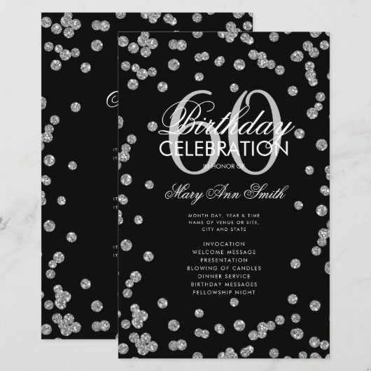 60e verjaardag Programma Silver Glitter met Menu (Voorkant / Achterkant)