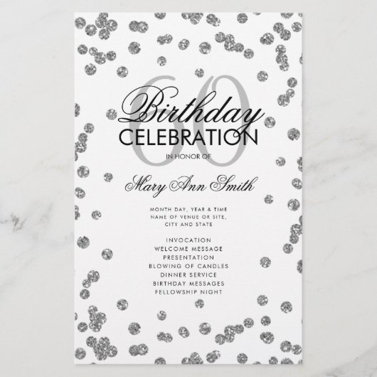 60e verjaardag Programma Silver Glitter met Menu (Voorkant)