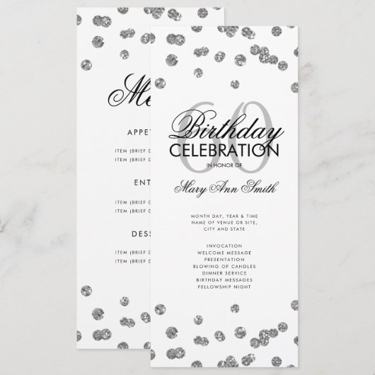 60e verjaardag Programma Silver Glitter met Menu (Voorkant / Achterkant)