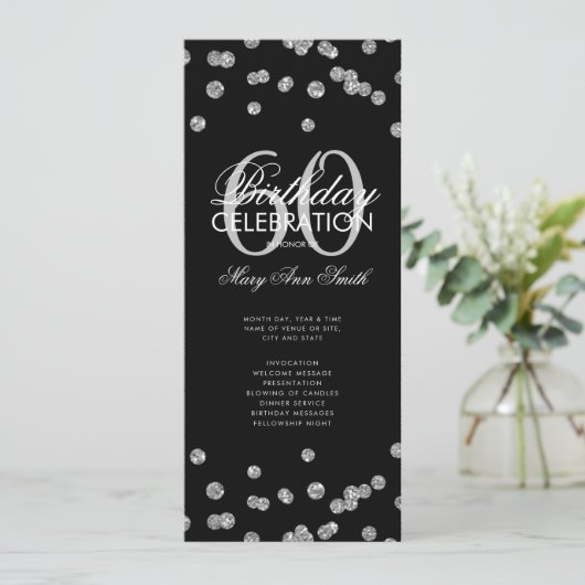 60e verjaardag Programma Silver Glitter met Menu (Staand voorkant)