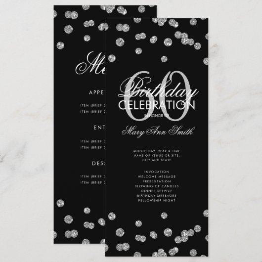 60e verjaardag Programma Silver Glitter met Menu (Voorkant / Achterkant)