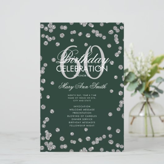60e verjaardag Programma Silver Glitter met Menu G (Staand voorkant)