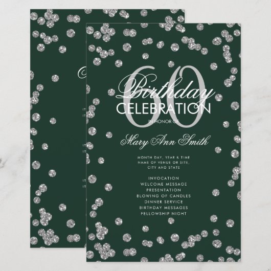 60e verjaardag Programma Silver Glitter met Menu G (Voorkant / Achterkant)