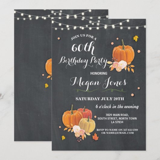 60e verjaardag Pumpkin Rustic Chalk Invite 40 Kaart (Voorkant / Achterkant)