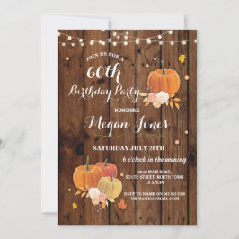 60e verjaardag Pumpkin Rustic Wood Invite 40 Kaart